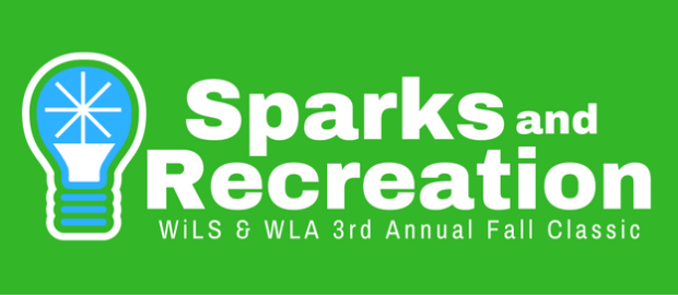 a blue lightbulb beside the words Sparks and Recreation on a green background