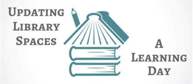 books stacked like a house with text Updating Library Spaces A Learning Day