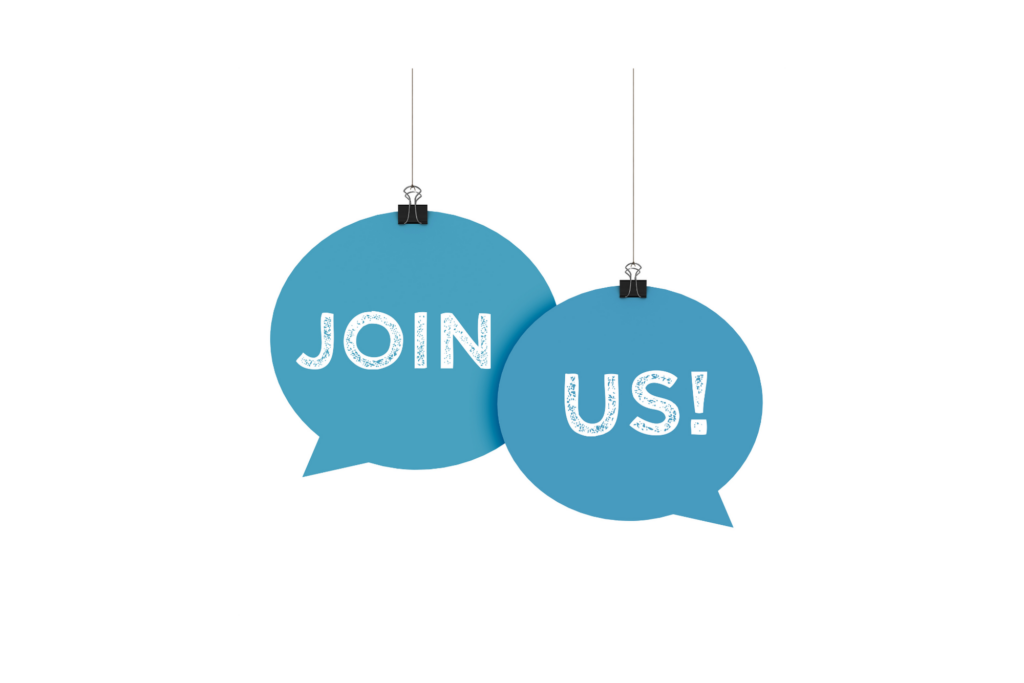 hanging speech bubbles that say "join us"